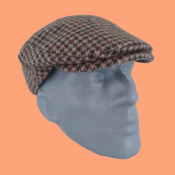 Genuine Scottish Highland Harris Tweed® Cap ZH014 - BEIGE HOUNDSTOOTH -PICK SIZE - Picture 1 of 12